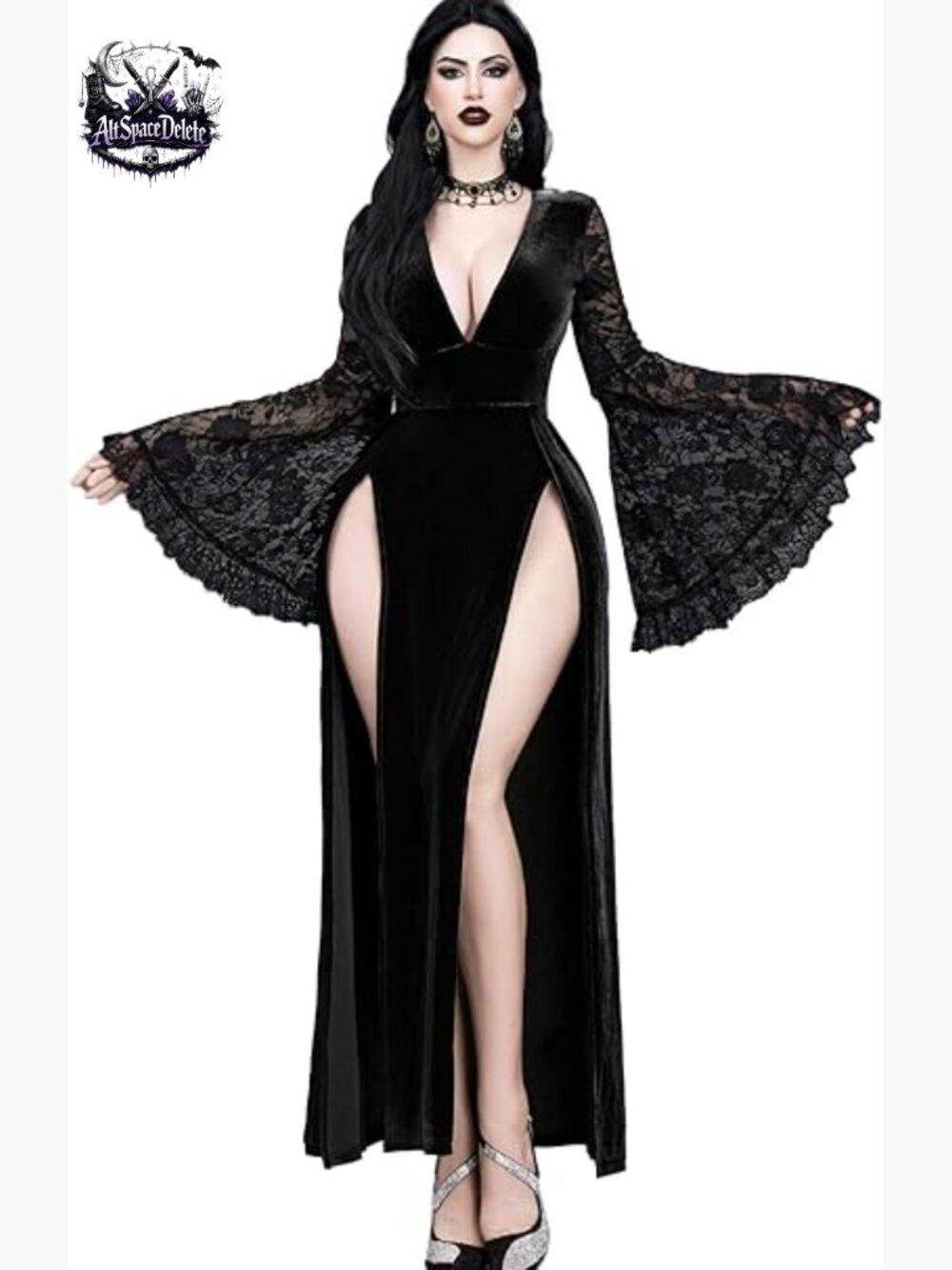 Gothic V Neck Lace Sleeve High Slit Dress for Halloween or Dark Wedding
